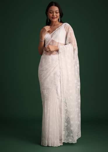 White Organza Saree With Cutdana And Sequin Embroidery