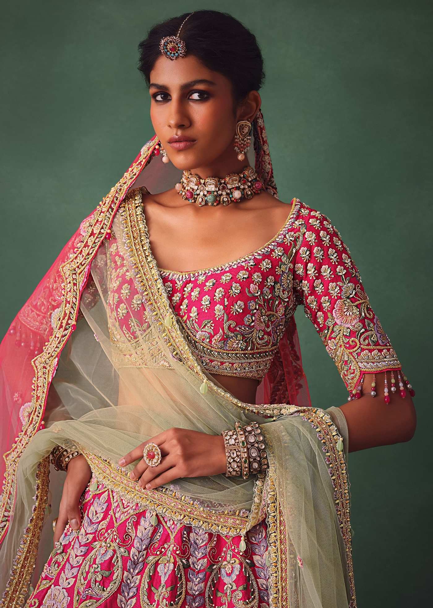 Rose Pink Bridal Lehenga With Scoop Neckline Blouse And Hand Work Dupatta