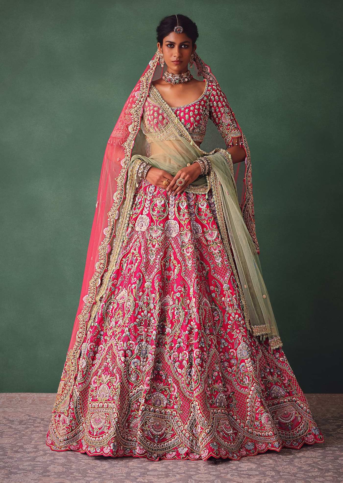 Rose Pink Bridal Lehenga With Scoop Neckline Blouse And Hand Work Dupatta