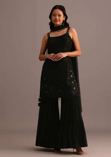 Black Embellished Sharara Suit With Net Dupatta Kalki
