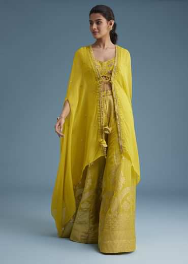 Yellow Embroidered Croptop With Banarasi Weave Palazzo And Lace Jacket