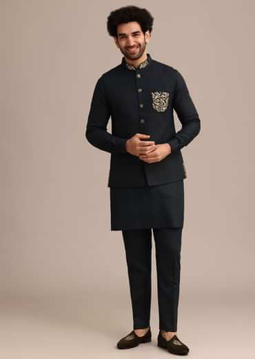 Navy Blue Linen Zardosi Embroidered Jacket Kurta Set