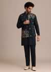 Navy Blue Kurta Jacket Set With Floral Embroidered Motifs