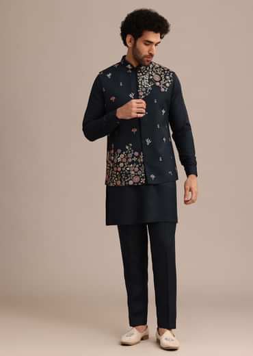 Navy Blue Kurta Jacket Set With Floral Embroidered Motifs
