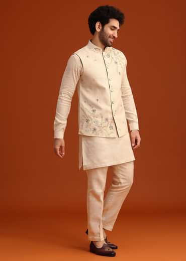 Beige Floral Hand Embroidered Kurta Jacket Set