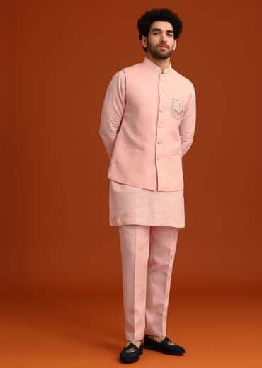 Pink Hand Embroidered Jacket And Kurta Set In Linen