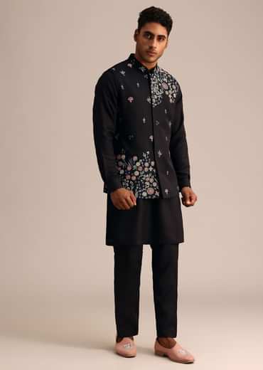 Black Kurta Jacket Set With Floral Embroidered Motifs