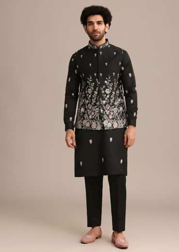 Black Embroidered Jacket Kurta Set In Linen Satin