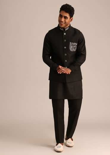 Black Linen Floral Resham Work Jacket Kurta Set