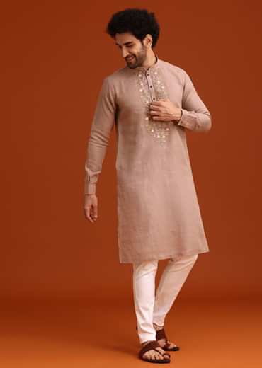 Onion Pink Floral Resham Hand Embroidered Kurta Set In Linen