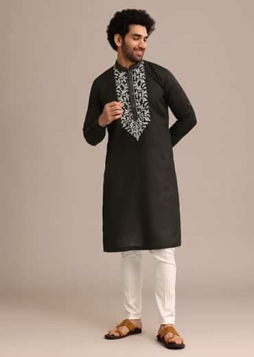 Black Linen Floral Resham Work Kurta Set