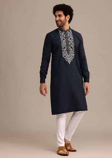 Navy Blue Linen Kurta Set With Floral Resham Handwork