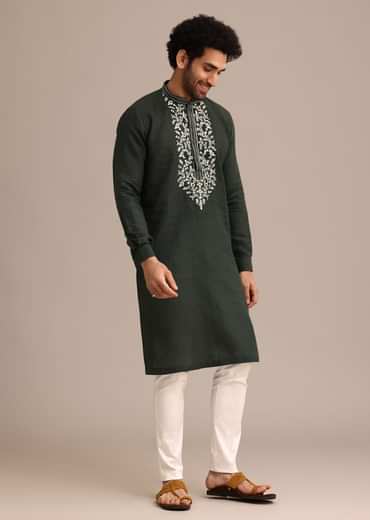 Bottle Green Linen Kurta And Pant Set With Floral Resham