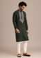 Bottle Green Linen Kurta And Pant Set With Floral Resham