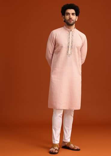 Light Pink Hand Embroidered Kurta And Pant Set