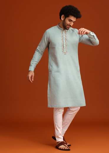 Sky Blue Floral Hand Embroidered Kurta And Pant Set