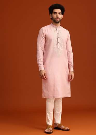 Light Pink Floral Thread Embroidered Kurta And Pant Set