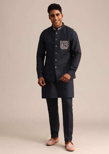 Blue Floral Resham Work Jacket Kurta Set In Linen