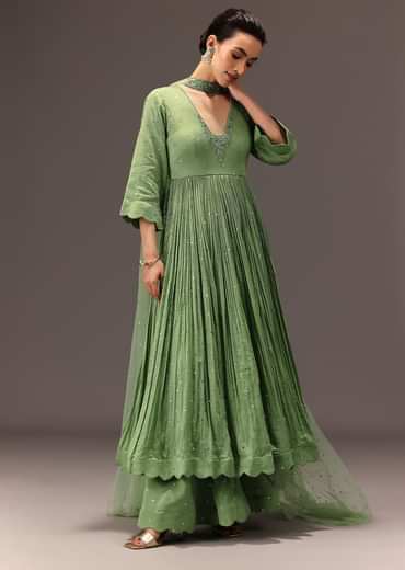 Green Chanderi Silk Hand Work Kurta Set