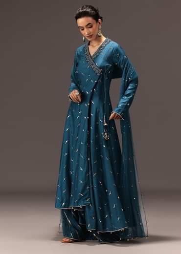 Teal Blue Chanderi Silk Hand Work Angarkha Set