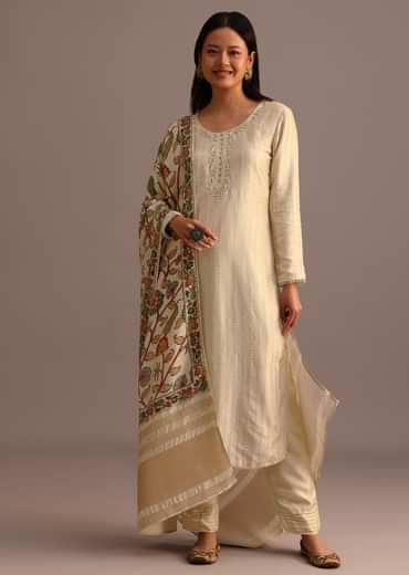 Beige Embroidered Kurti Pant Set With Kalamkari Printed Chanderi Dupatta