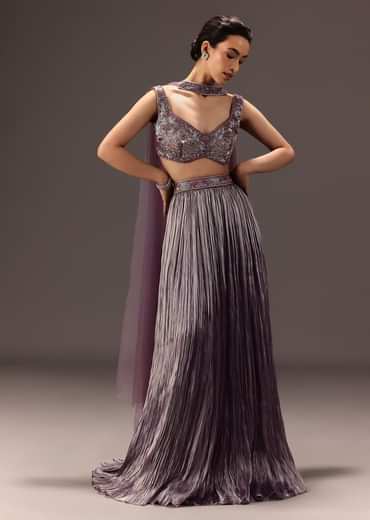 Purple Organza Hand Embellished Ruched Lehenga Set With Choker Dupatta