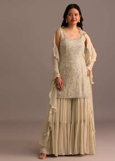 Beige Embroidered Sharara Set With Dupatta
