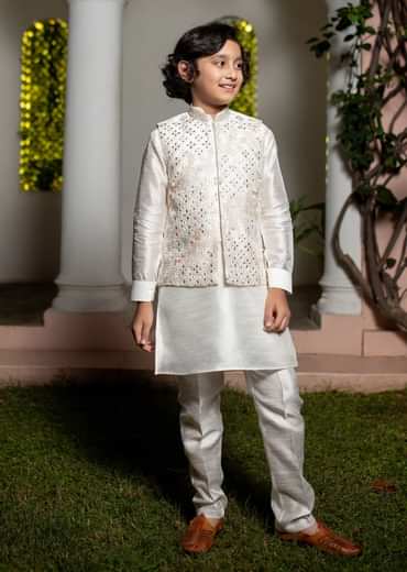 Off White Silk Embroidered Kurta Jacket Set