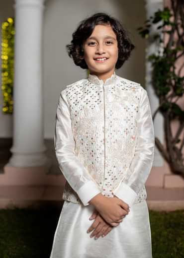 Off White Silk Embroidered Kurta Jacket Set