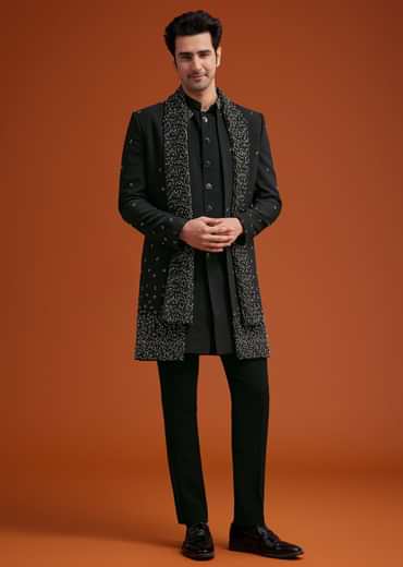 Navy Blue Open Indo Jacket Set With Sequin Butti And Embellished Stole