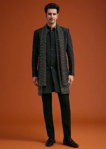 Navy Blue Open Indo Jacket Set With Sequin Butti And Embellished Stole