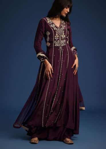 Wine Satin Zardozi Embroidered Anarkali And Palazzo Set