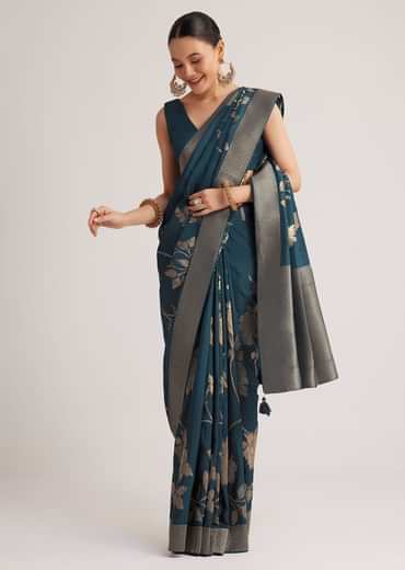 Peacock Blue Dola Silk Saree With Floral Motif