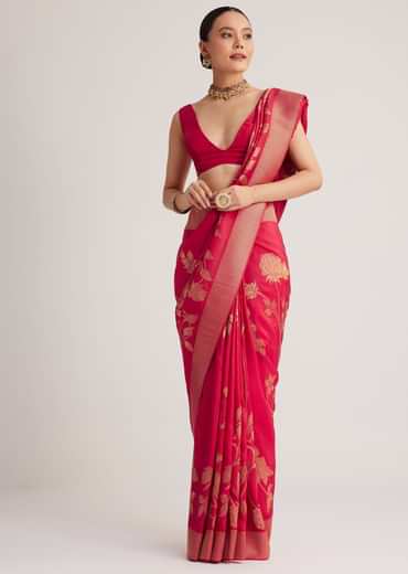 Fusia Pink Dola Silk Saree With Woven Floral Motifs
