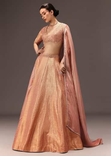 Dusty Peach Banarasi Silk Hand Work Lehenga Set
