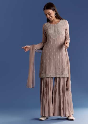 Light Beige Chinon Kurta Set With Cutdana And Sequins Dupatta
