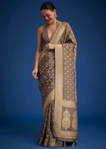 Brownish Grey Tissue Silk Saree With Zari Border And Butti Work