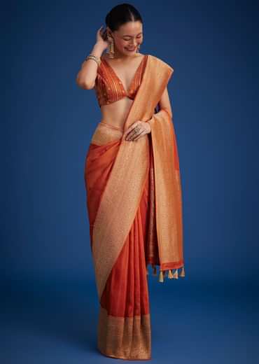 Orange Dola Silk Saree With Zari Border And Pallu