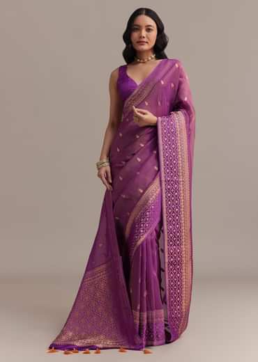 Lavendar Tissue Silk Saree With Butti Work And Chanderi Zari Woven Border