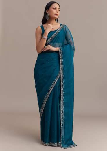 Sapphire Blue Organza Saree With Sequins And Cutdana Embellished Border