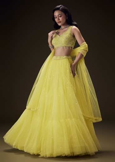 Sunshine Yellow Net Hand Embroided Pearl Work Lehenga Set