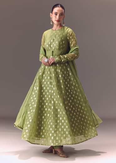 Sage Green Anarkali With Dupatta And Churidar