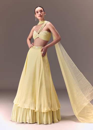 Yellow Pre-Pleated One Shoulder Blouse With Frill Lehenga And Choker Dupatta