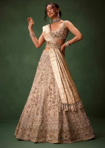Gold Beige Chanderi Silk Lehenga Set With Embroidered Jacket And Dupatta