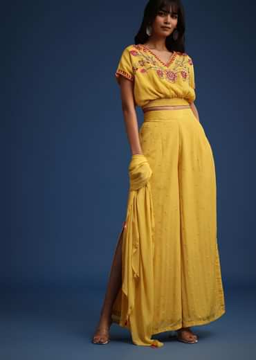 Yellow Crop Top With Slit Palazzo And Scarf