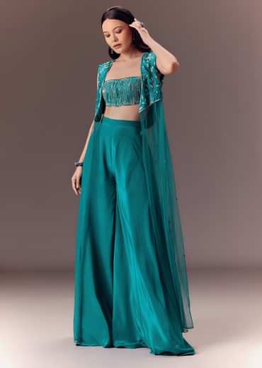 Blue Asymmetric Embroidered Jacket With Blouse And Palazzo Pants