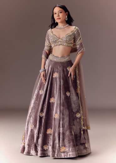 Purple Velvet Lehenga Set With Hand Work Patching