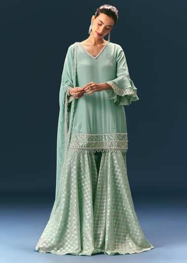 Light Blue Frill Sharara Suit With Tassel Dupatta