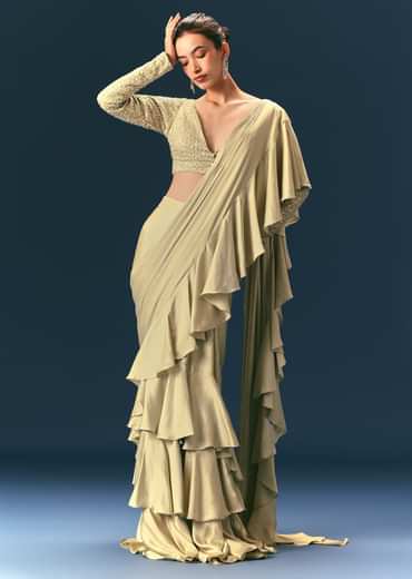 Green Frill Draped Saree With Embellished Blouse