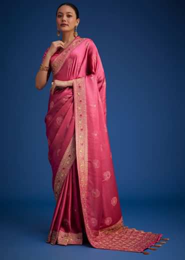 Dusky Orange Dola Silk Saree With Embroidered Border And Pallu